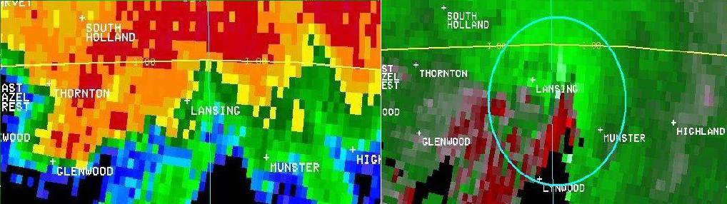 Radar base reflectivity and storm-relative velocity valid 650 PM