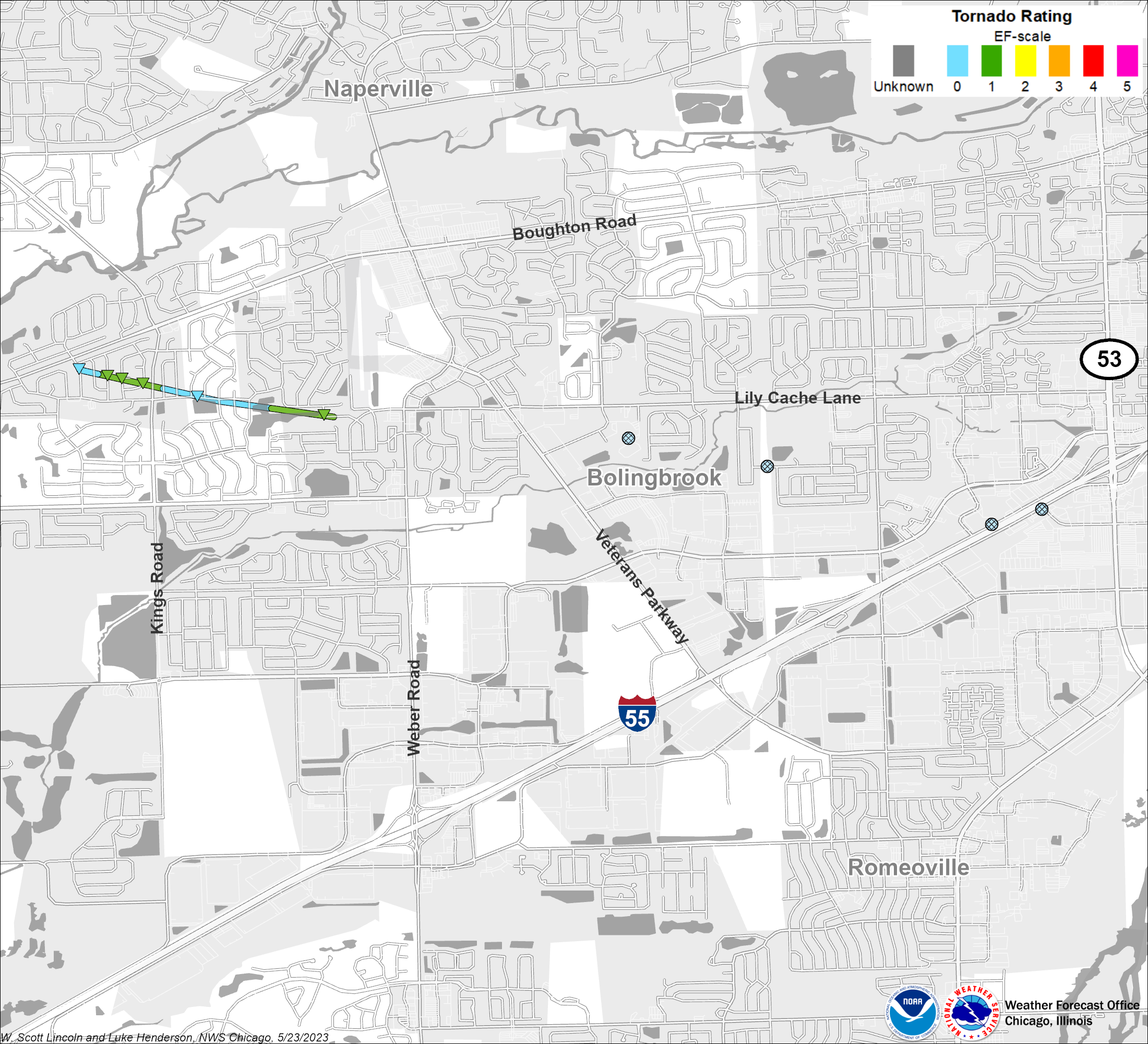 Map showing Bolingbrook tornado track