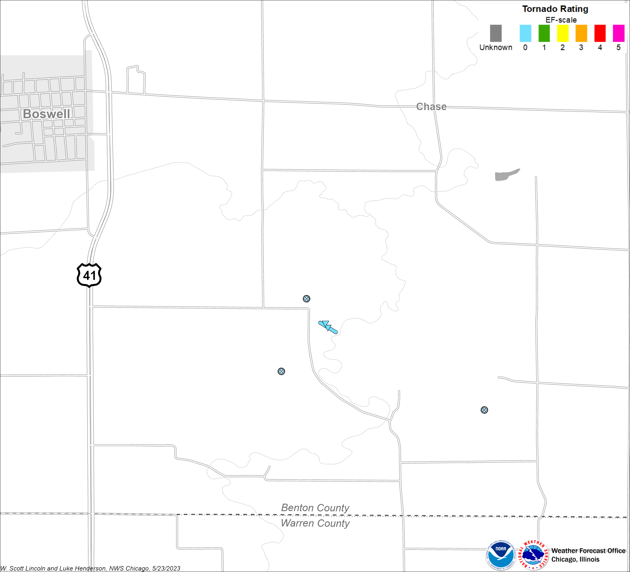Map showing Boswell tornado track