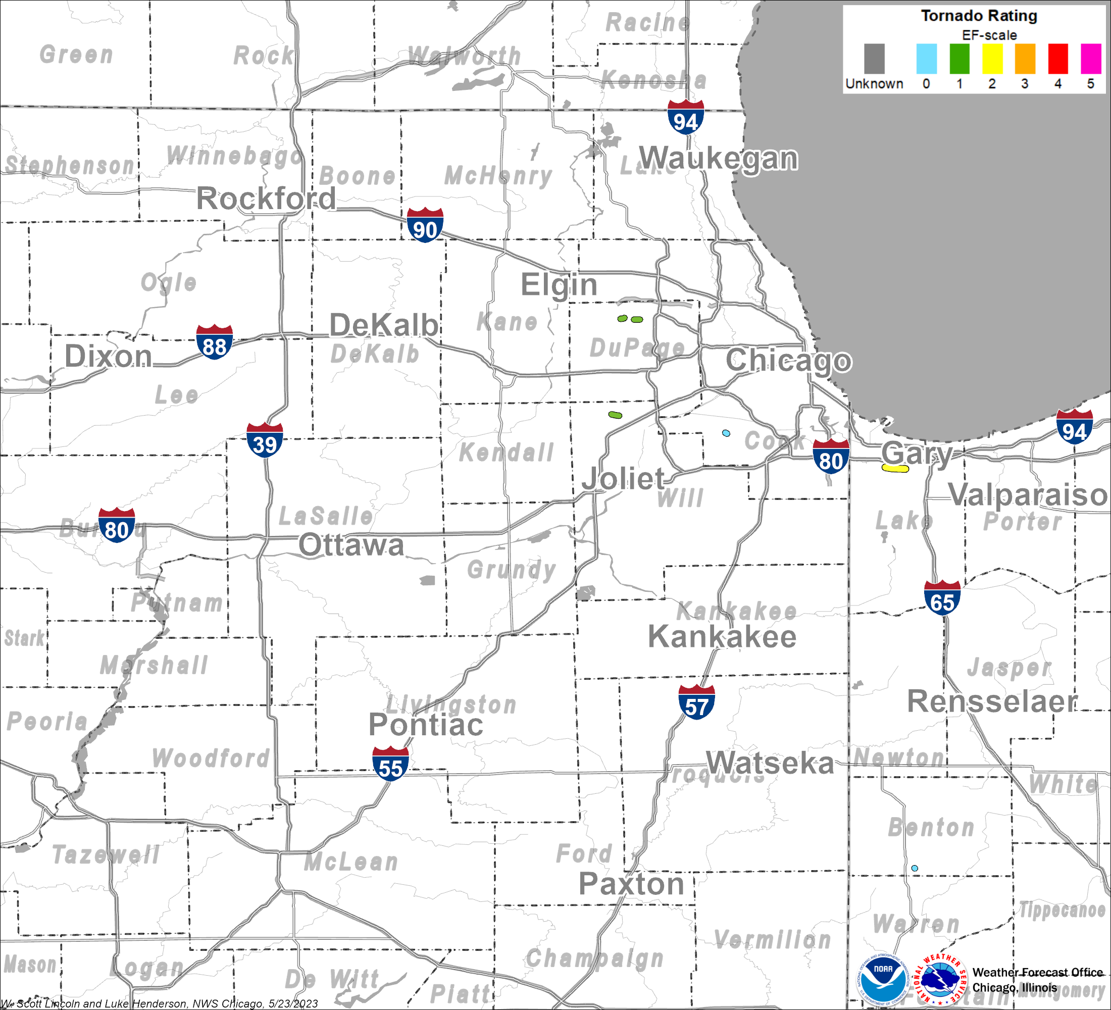 Map showing tornado tracks in northeast Illinois and northwest Indiana