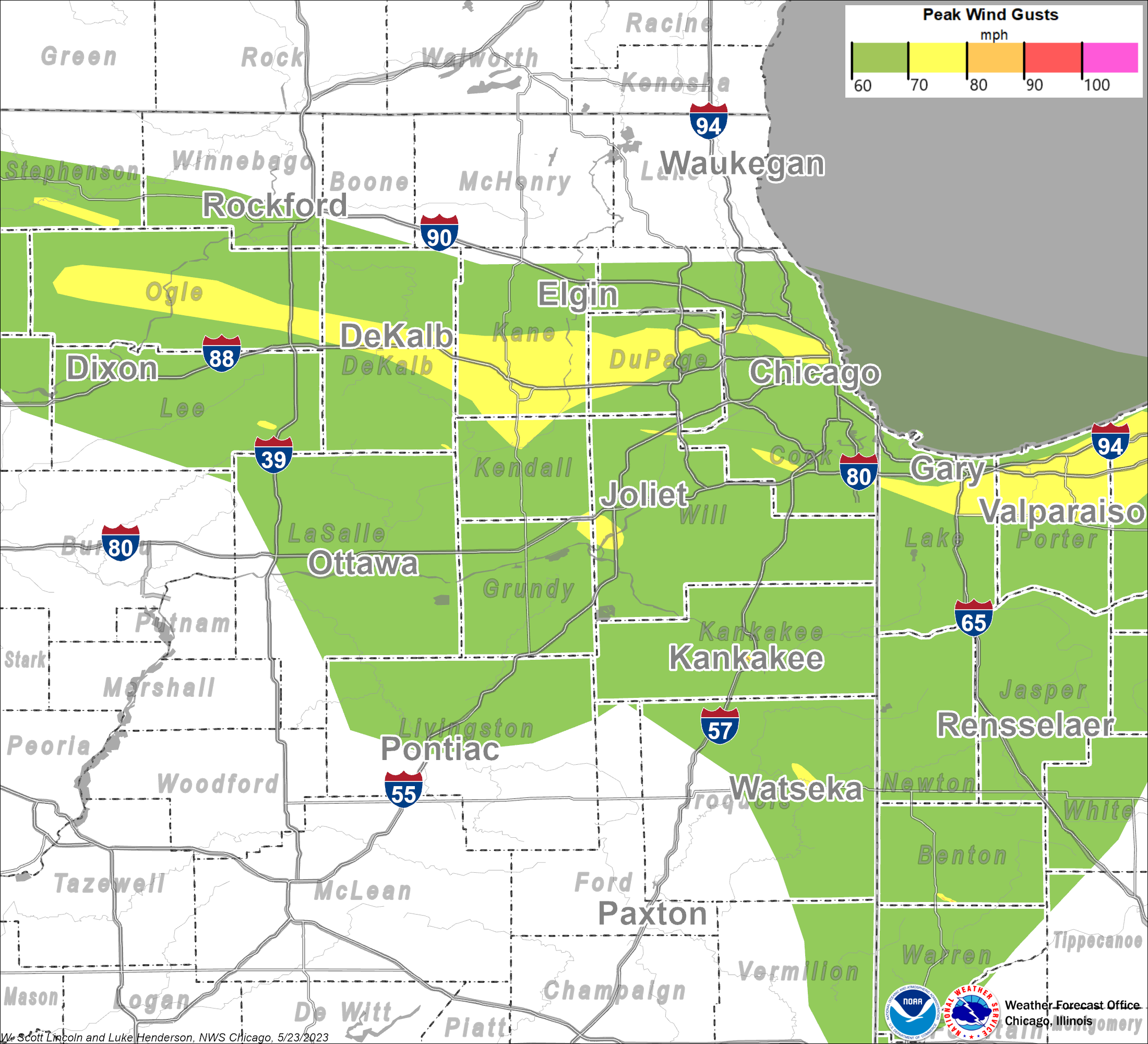 Map showing areas of straight-line winds in northern Illinois and northwest Indiana