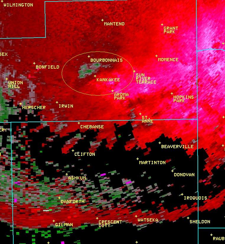 Radar storm-relative velocity valid while straight-line winds were occurring in Kankakee
