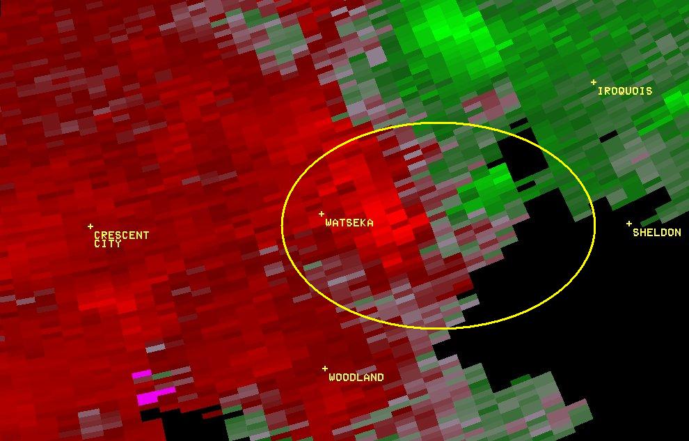Radar storm-relative velocity valid while straight-line winds were occurring near Watseka