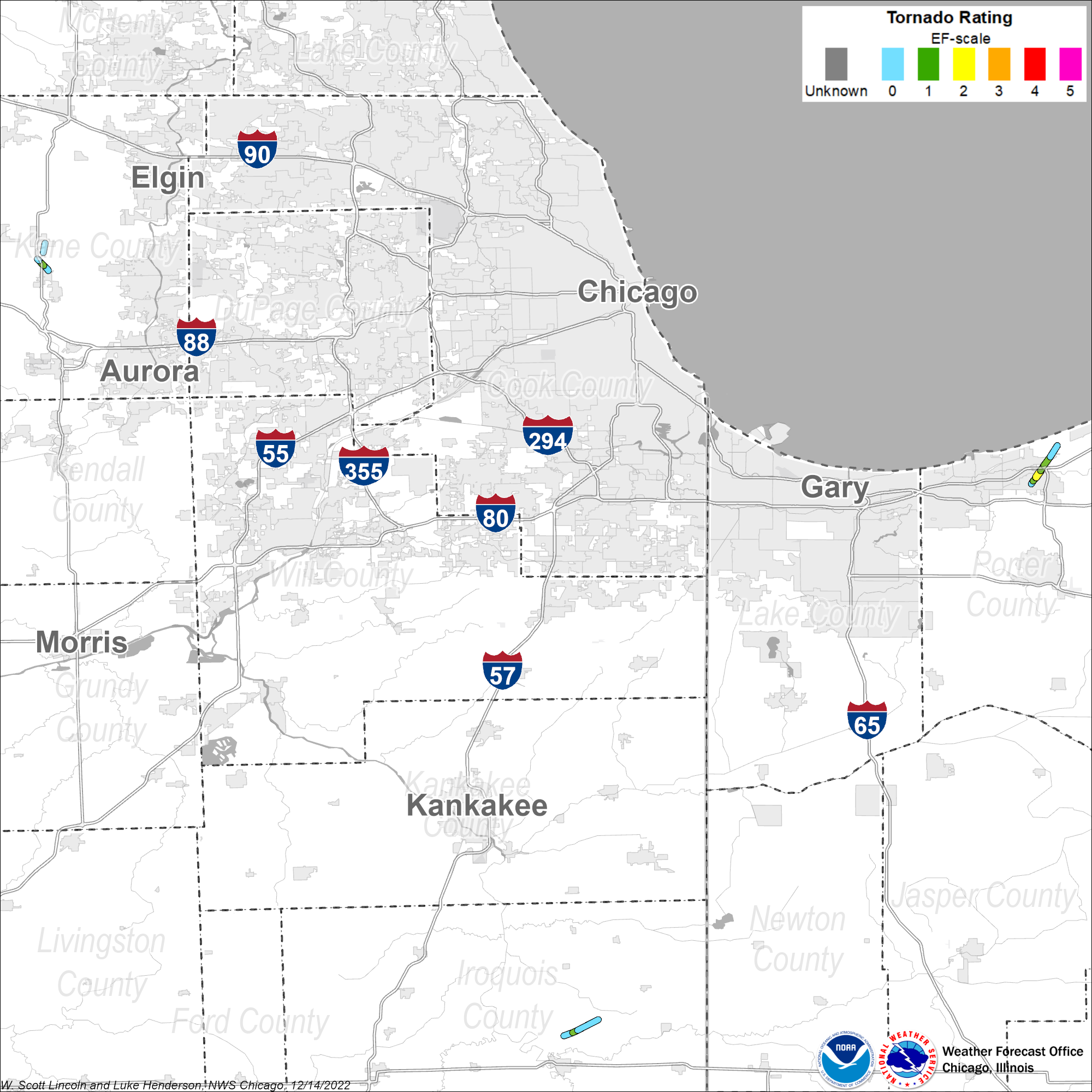 Map showing tornado tracks in Illinois and Indiana