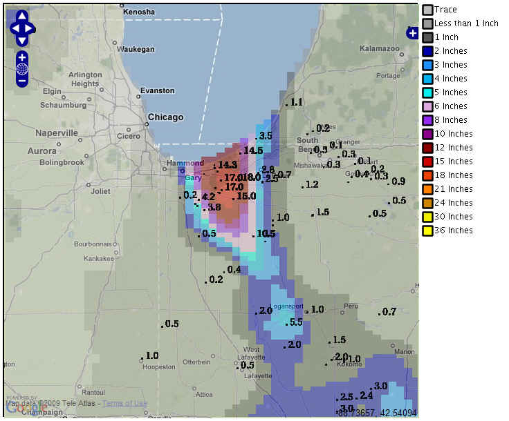 Snowfall recorded for 24 hours ending at February 4, 2009