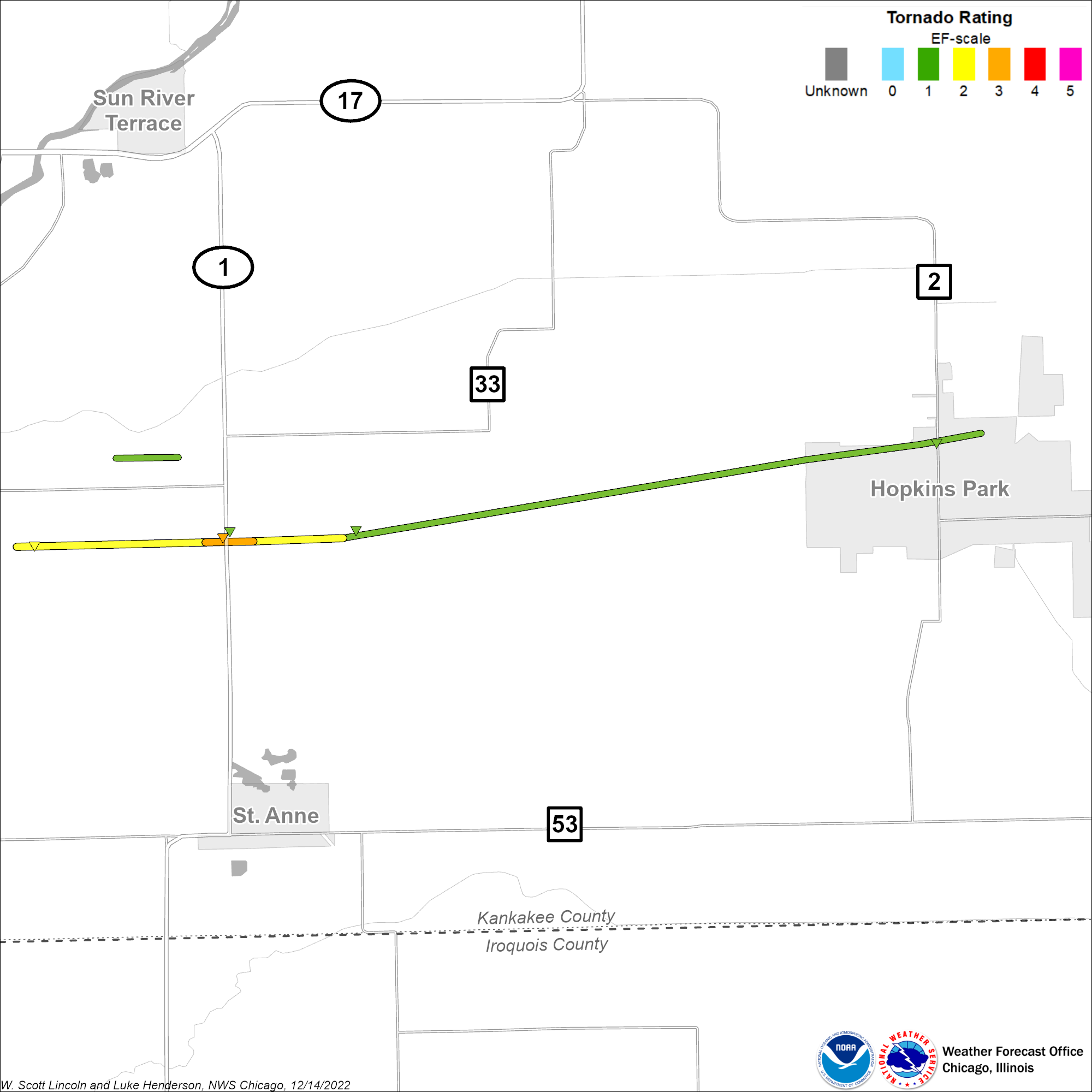Map showing St Anne tornado track