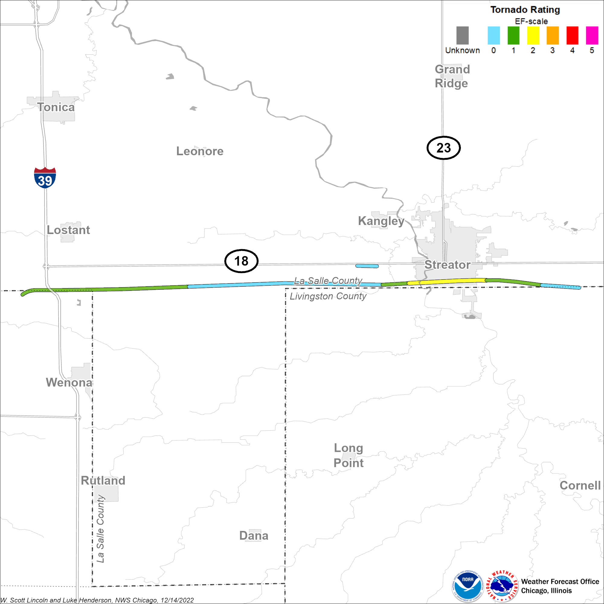Map showing Streator tornado track