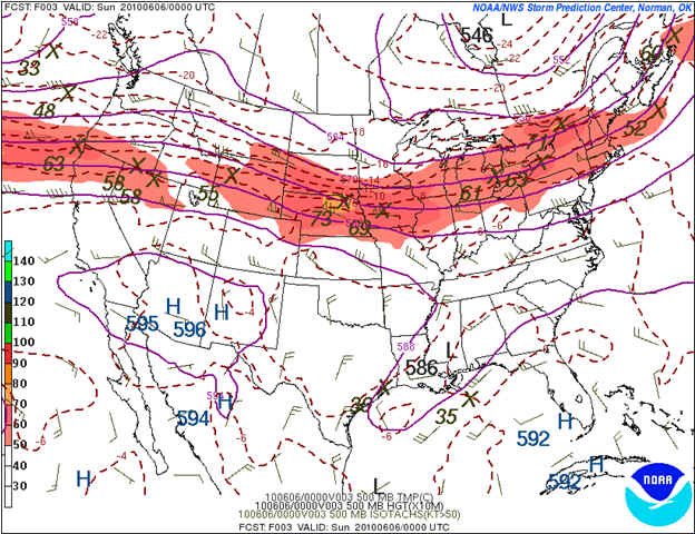 Map showing 500mb wind speed at 800 PM CDT