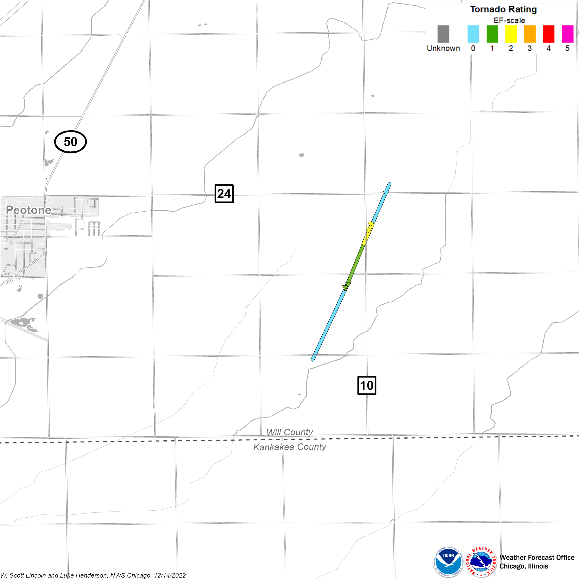 Map showing Peotone tornado track