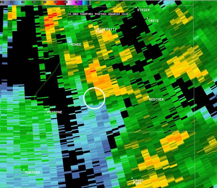 Image showing radar base reflectivity at 743 AM