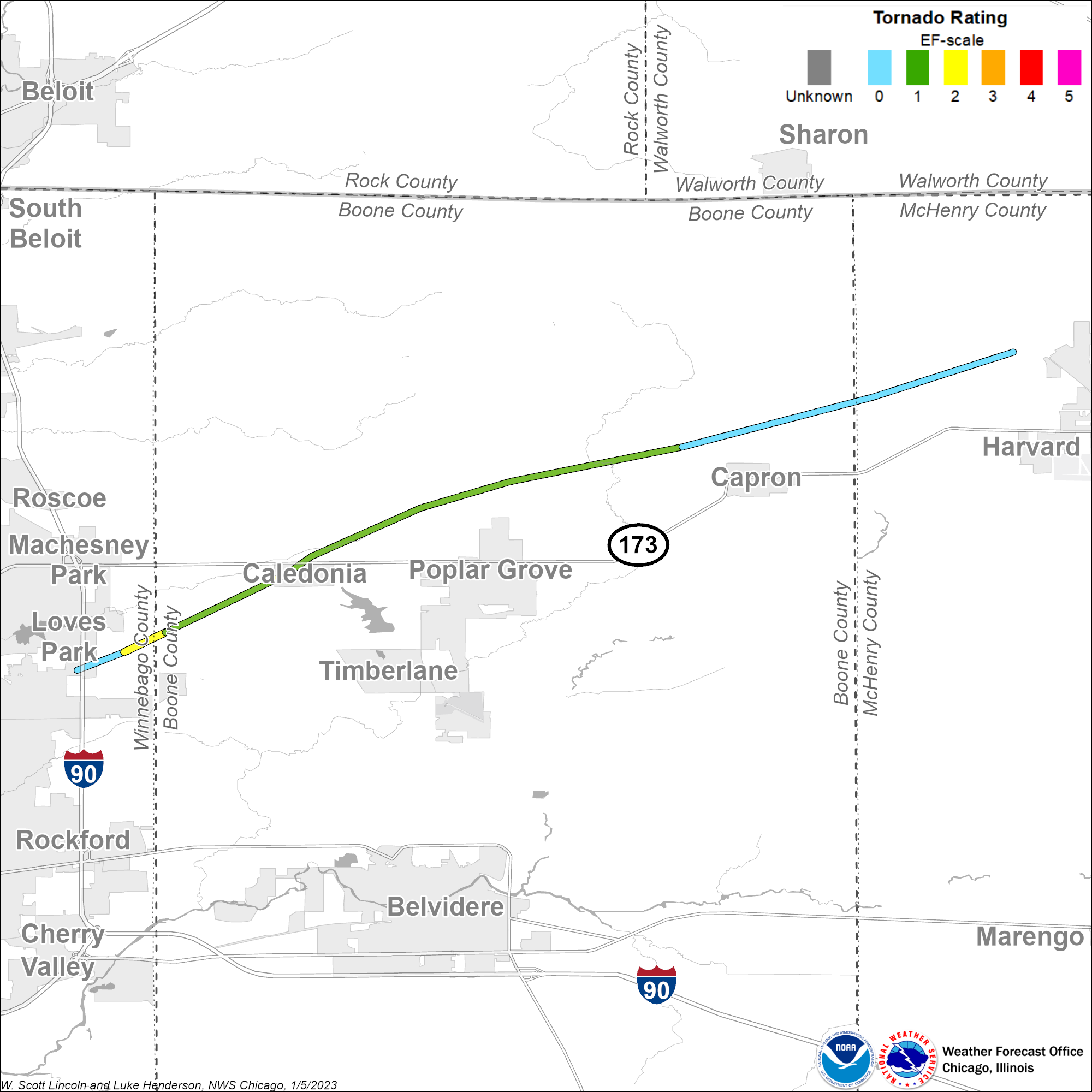 Map showing Loves Park - Caledonia - Capron tornado track