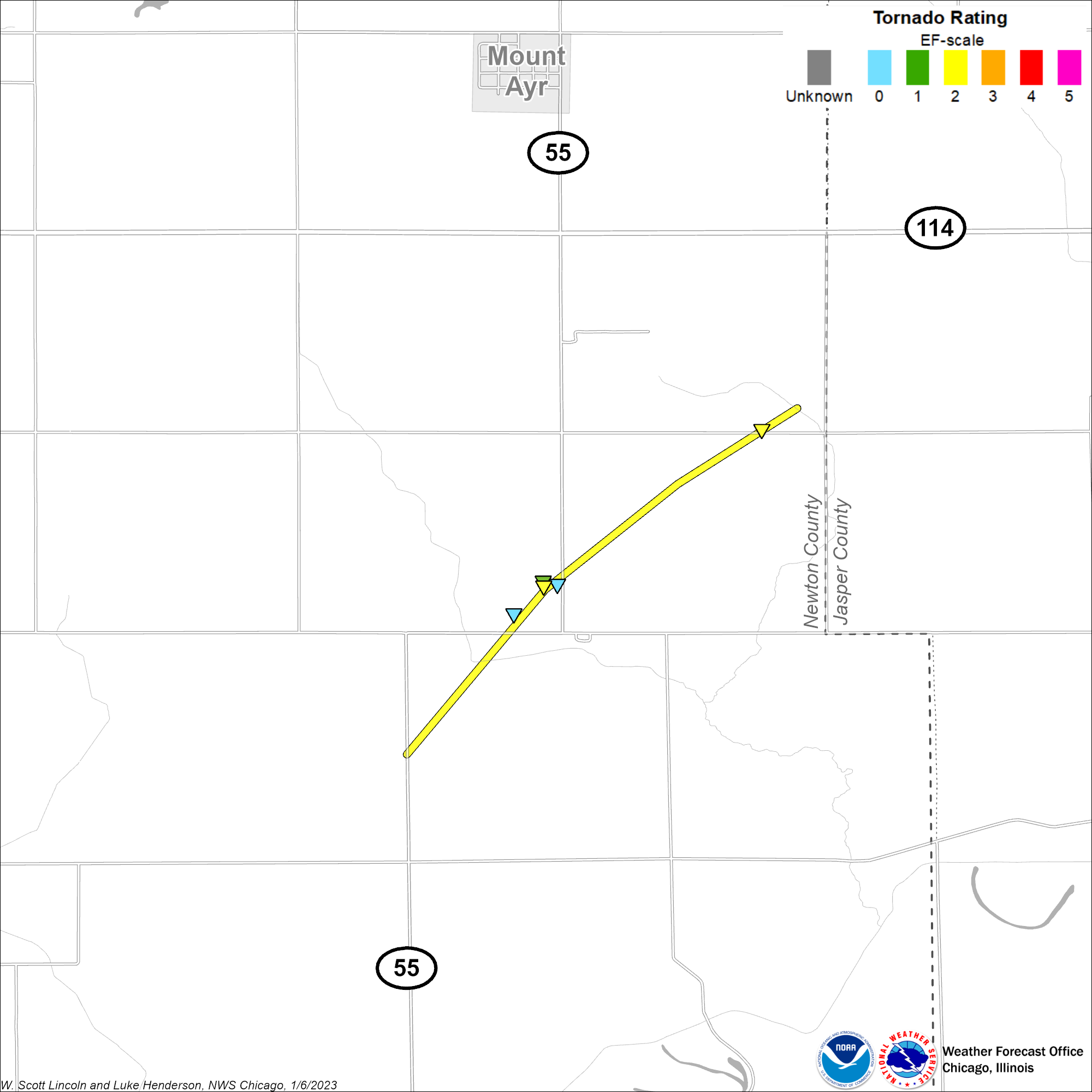 Map showing Mt Ayr tornado track