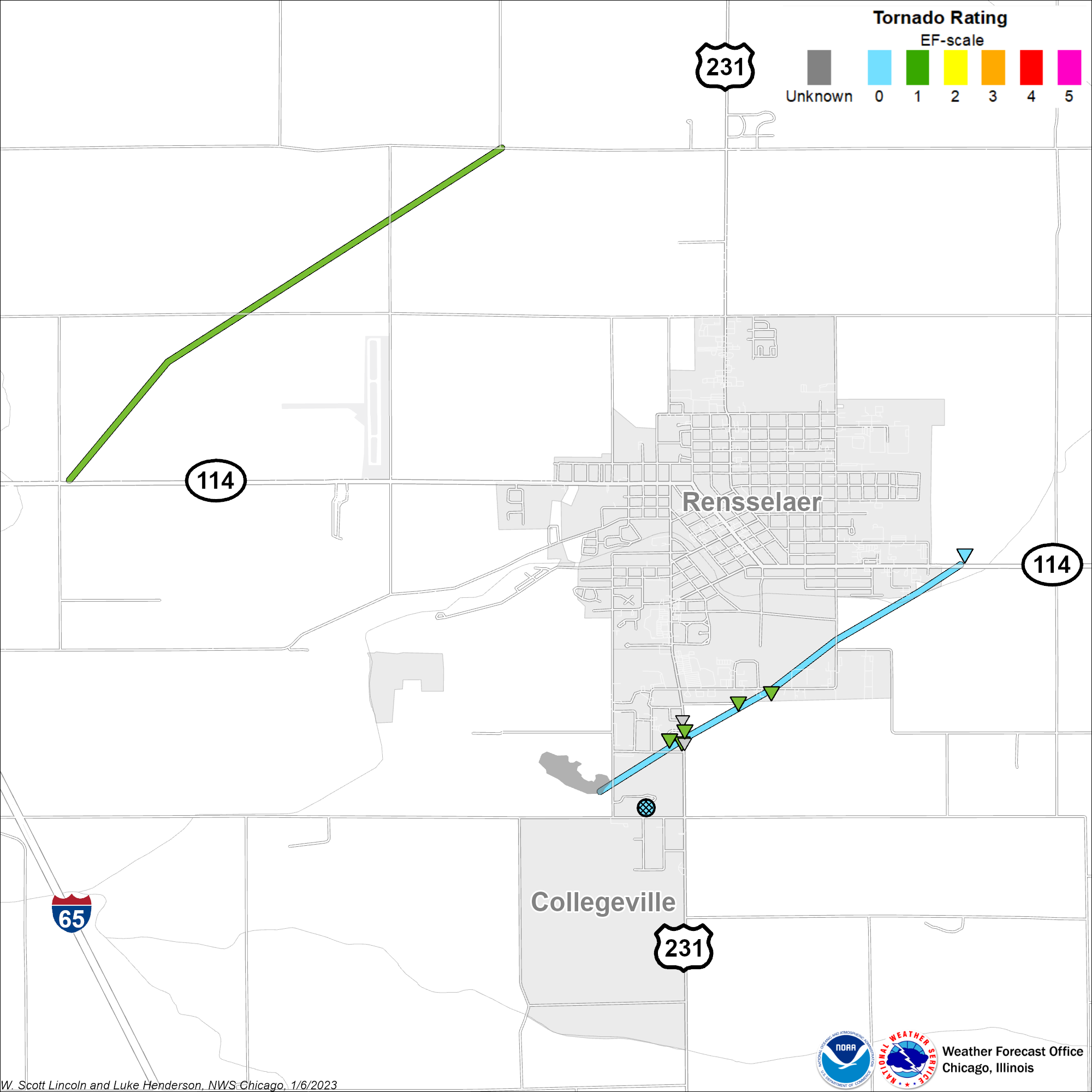 Map showing Rensselaer tornado track