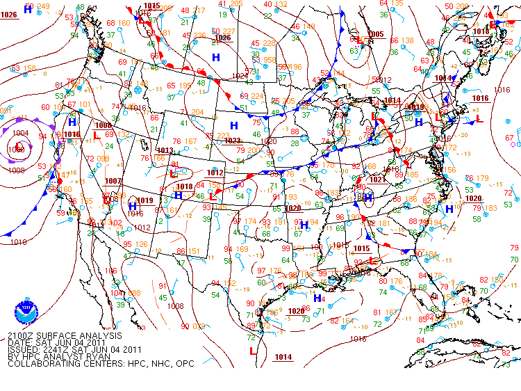 Surface analysis at 4 PM on Saturday June 4th