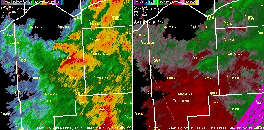 Image of radar reflectivity and storm-relative motion at 1:55 PM