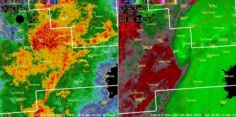 Image of radar reflectivity and storm-relative motion at 12:45 PM