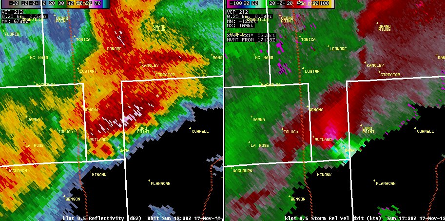 Image of radar reflectivity and storm-relative motion at 11:38 AM