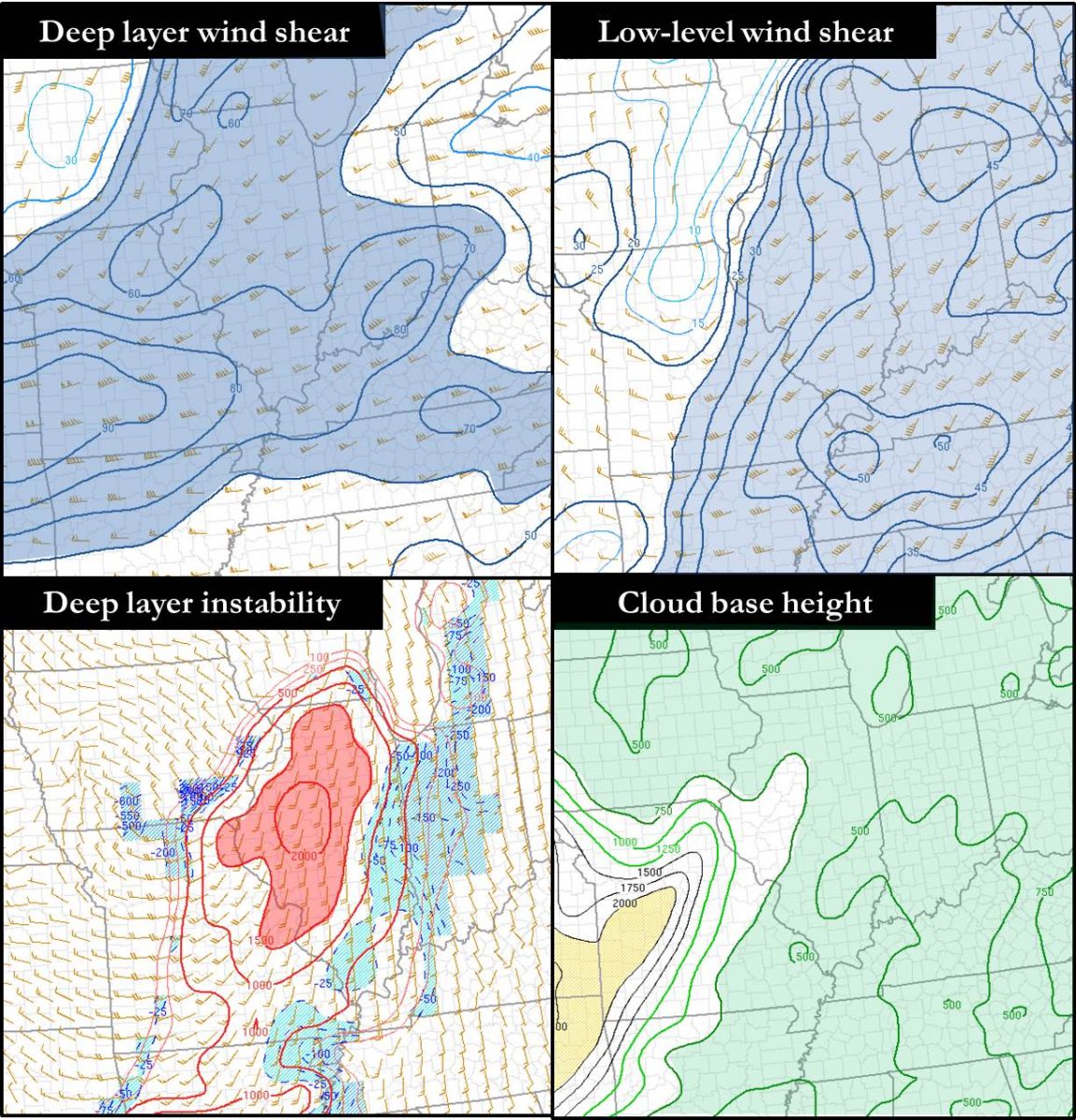 Image showing maps of wind shear, instability, and cloud bases on November 17 2013