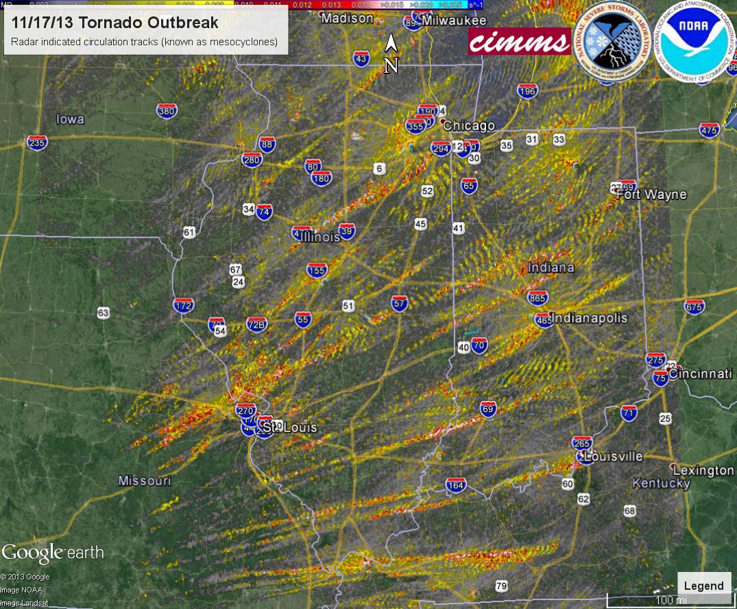 Image showing areas of radar-indicated rotation on November 17 2013.