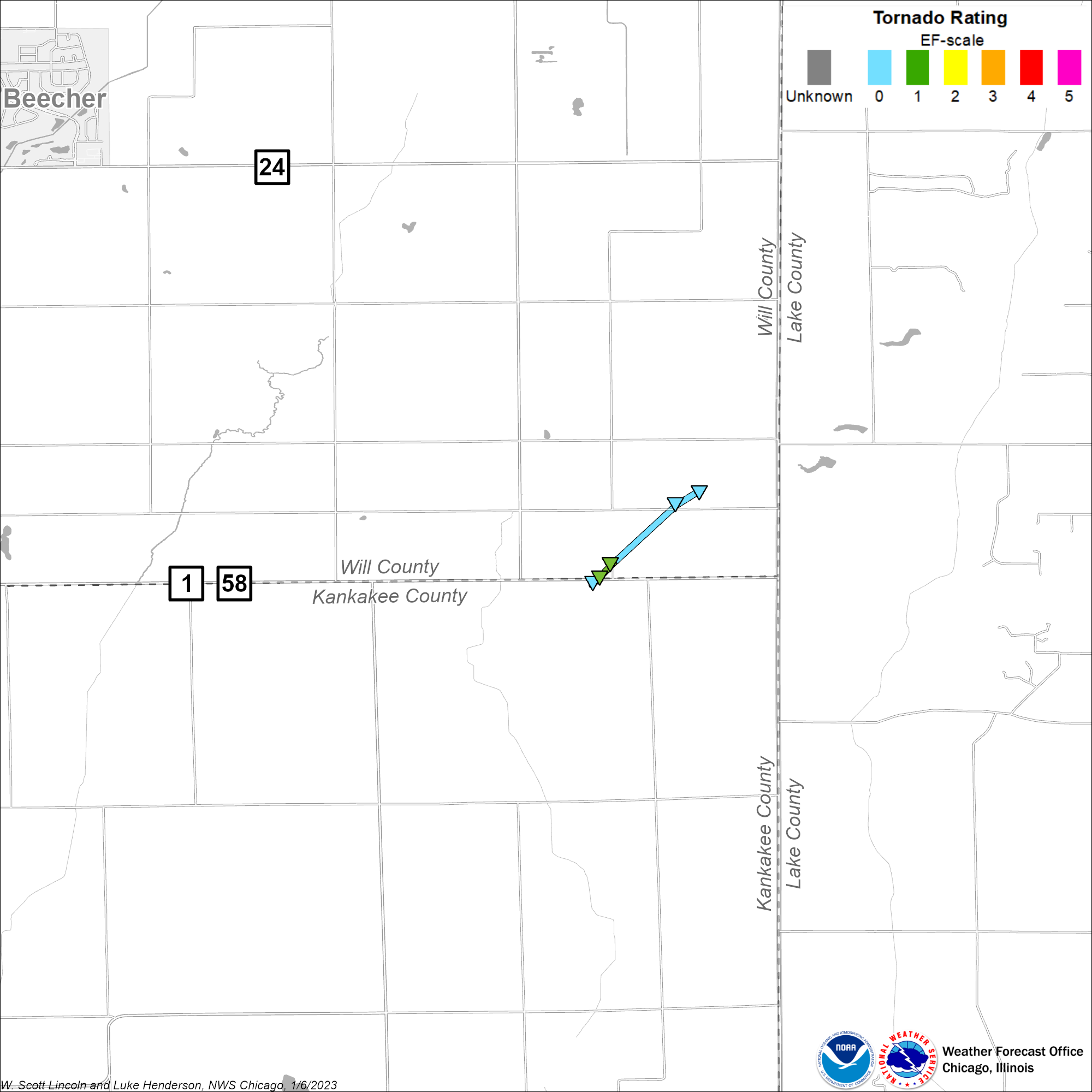 Map showing track of Beecher tornado