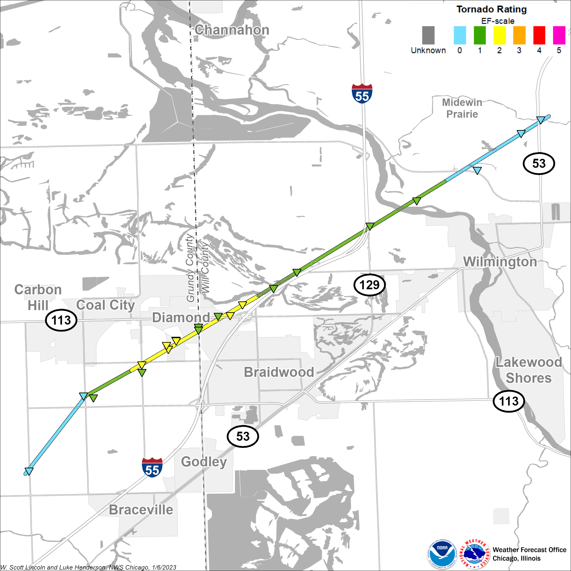 Map showing Coal City - Wilmington tornado track