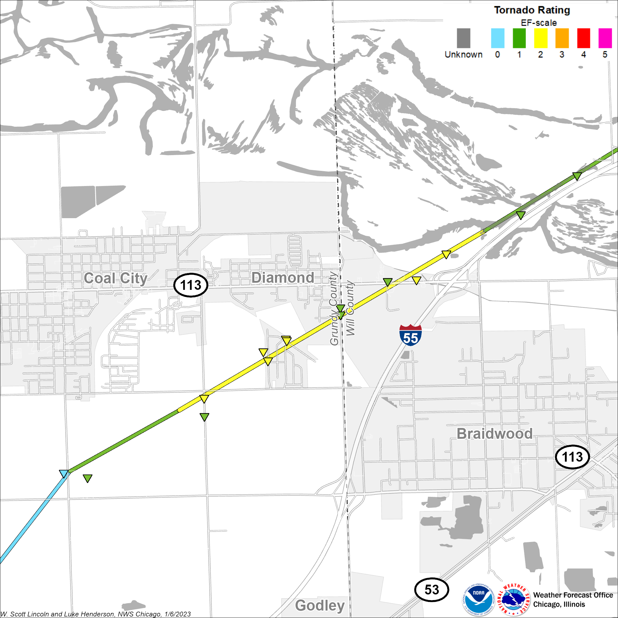 Map showing Coal City - Wilmington tornado track, zoomed in on area of most intense damage near Coal City and Diamond
