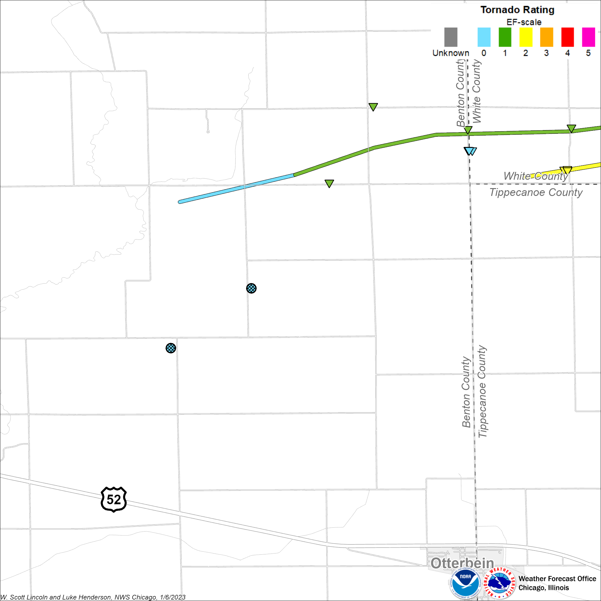 Map showing Otterbein tornado track