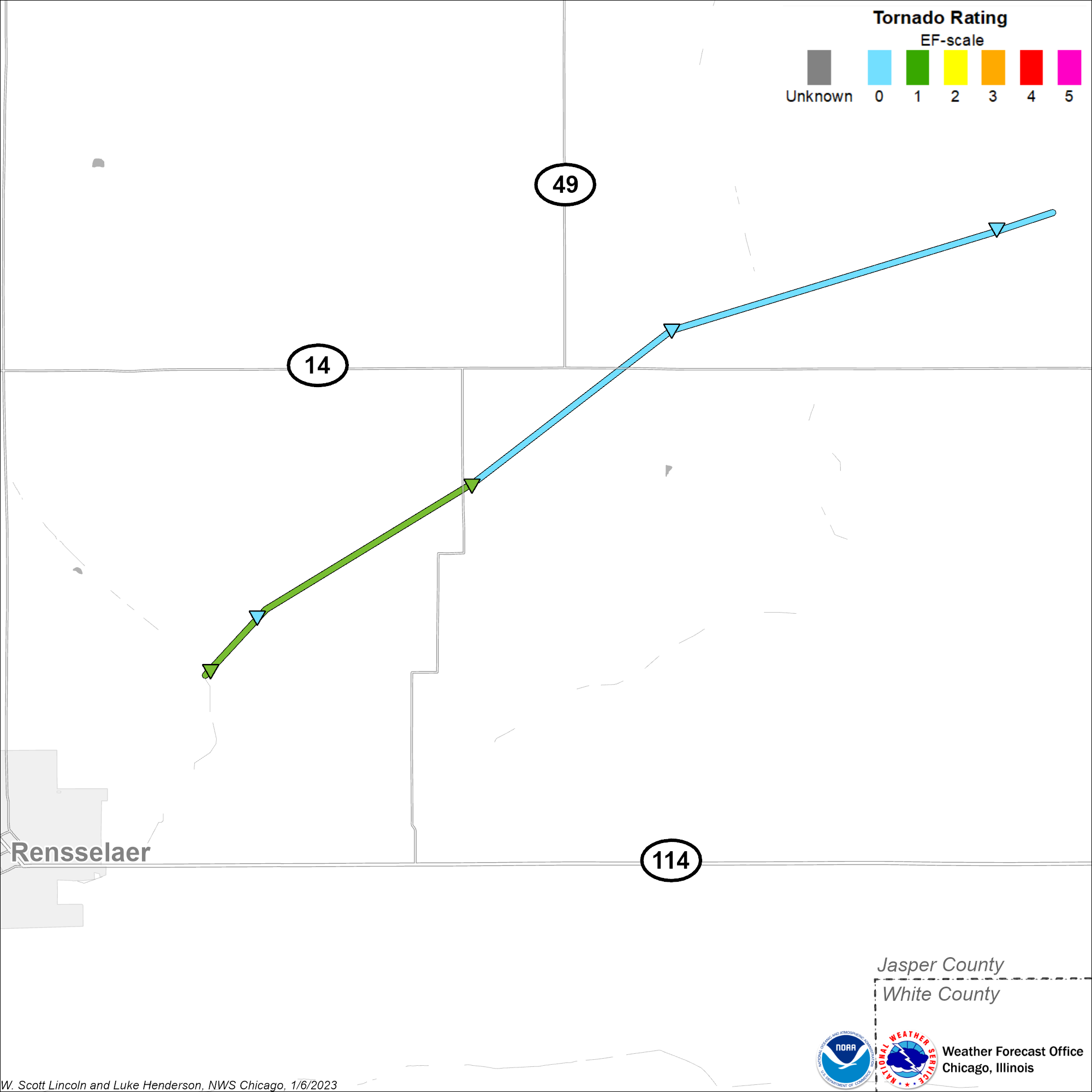 Map showing Rensselaer tornado track