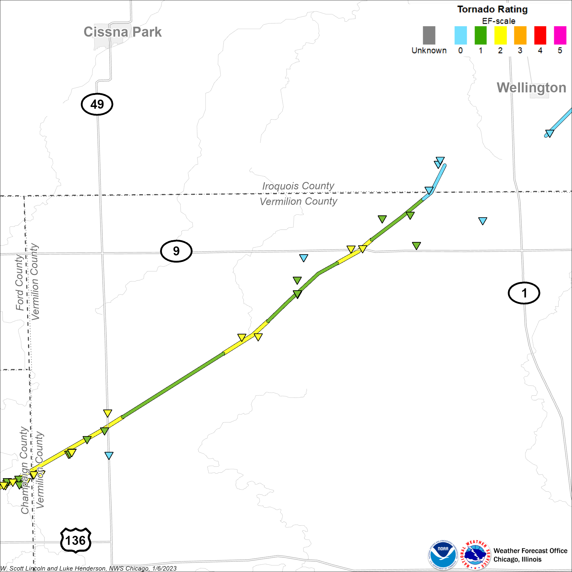 Map showing track of Thomasboro-Gifford-Wellington tornado