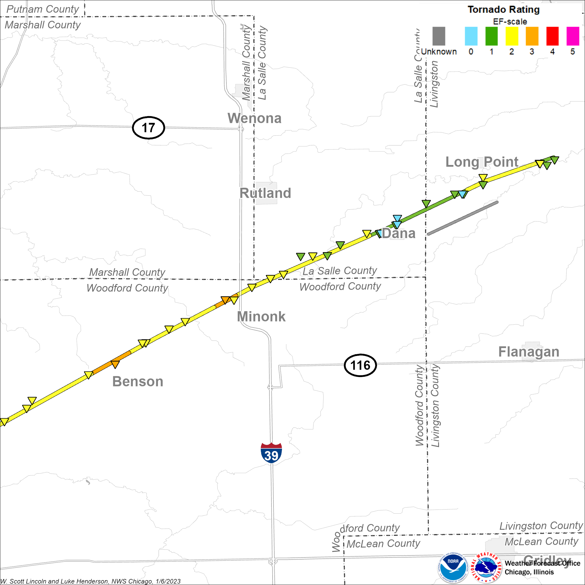 Map showing Washington - Long Point tornado track