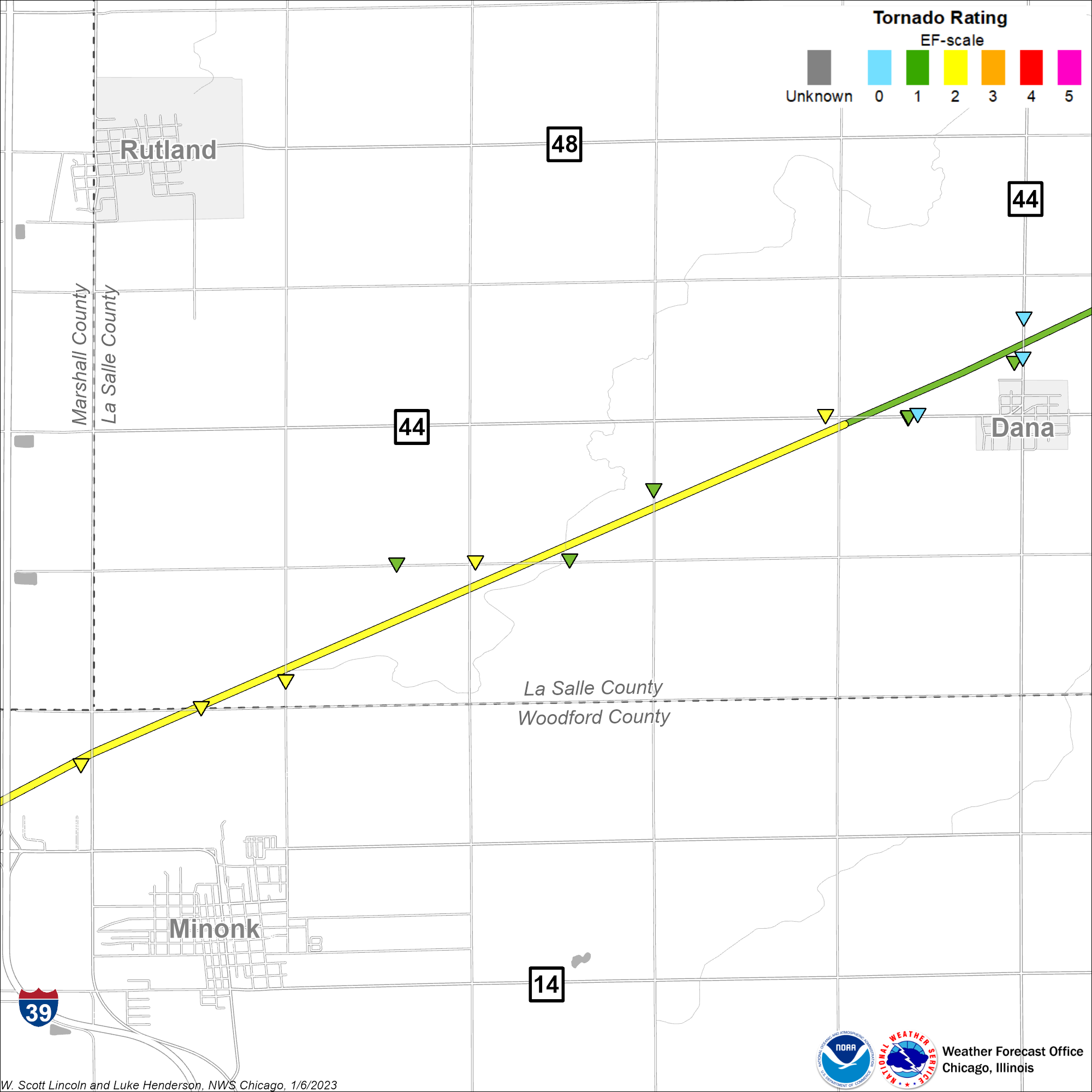 Map showing Washington - Long Point tornado track, zoomed in to Minonk and Dana areas