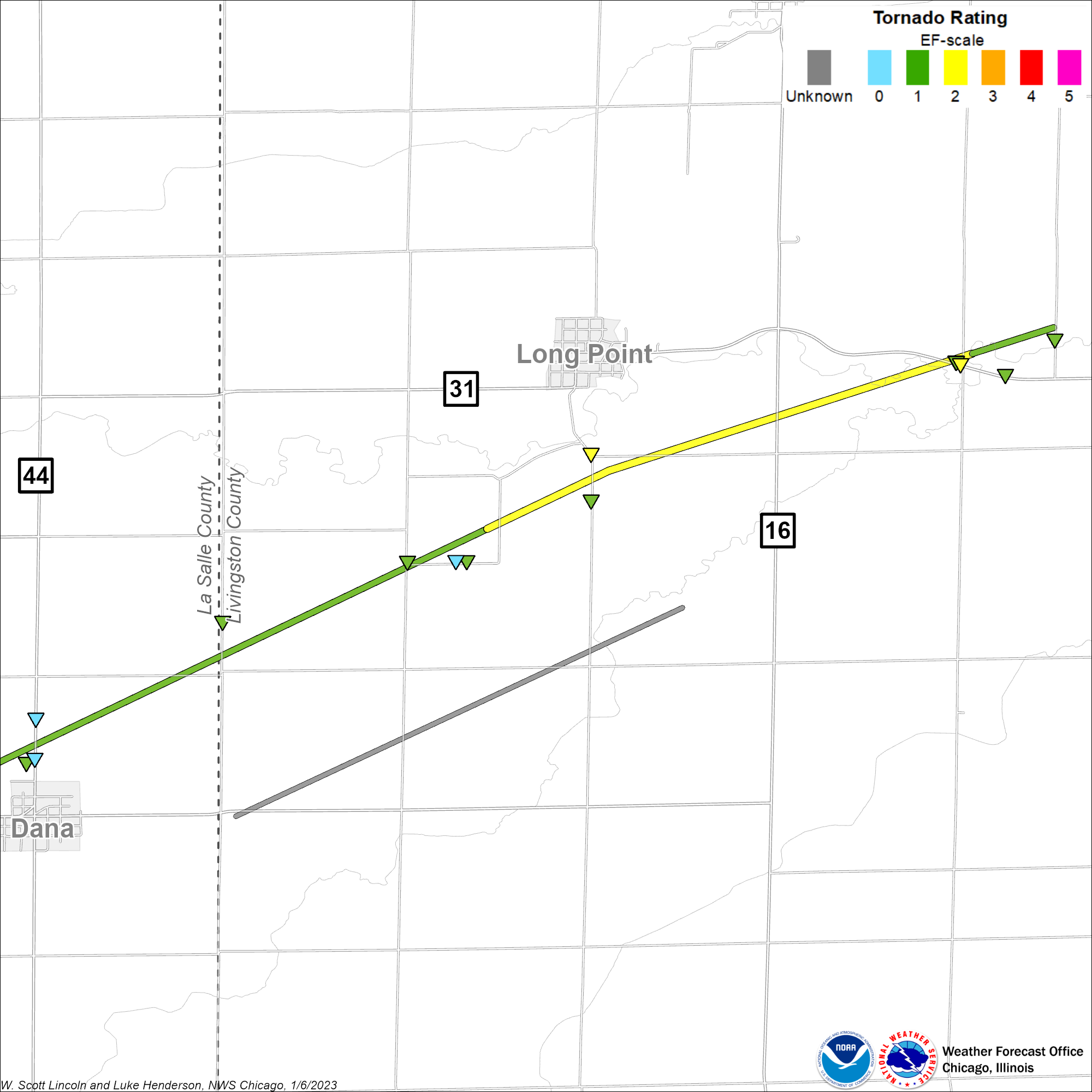 Map showing Washington - Long Point tornado track, zoomed in to Long Point area