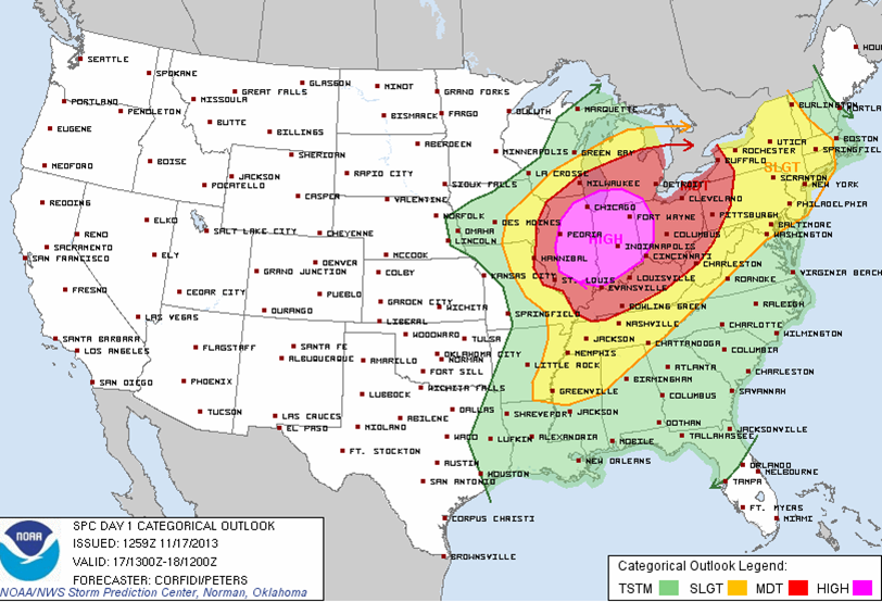 Image showing the severe weather outlook for November 17, 2013 the day of the event