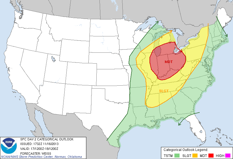 Image showing the severe weather outlook for November 17, 2013, the day before the event