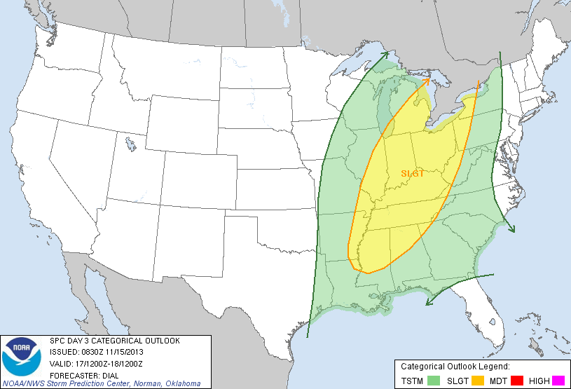 Image showing the severe weather outlook for November 17, 2013, 3 days in advance.