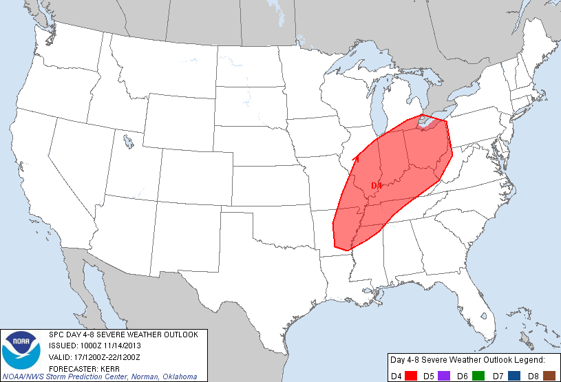 Image showing the severe weather outlook for November 17, 2013, 4 days in advance.