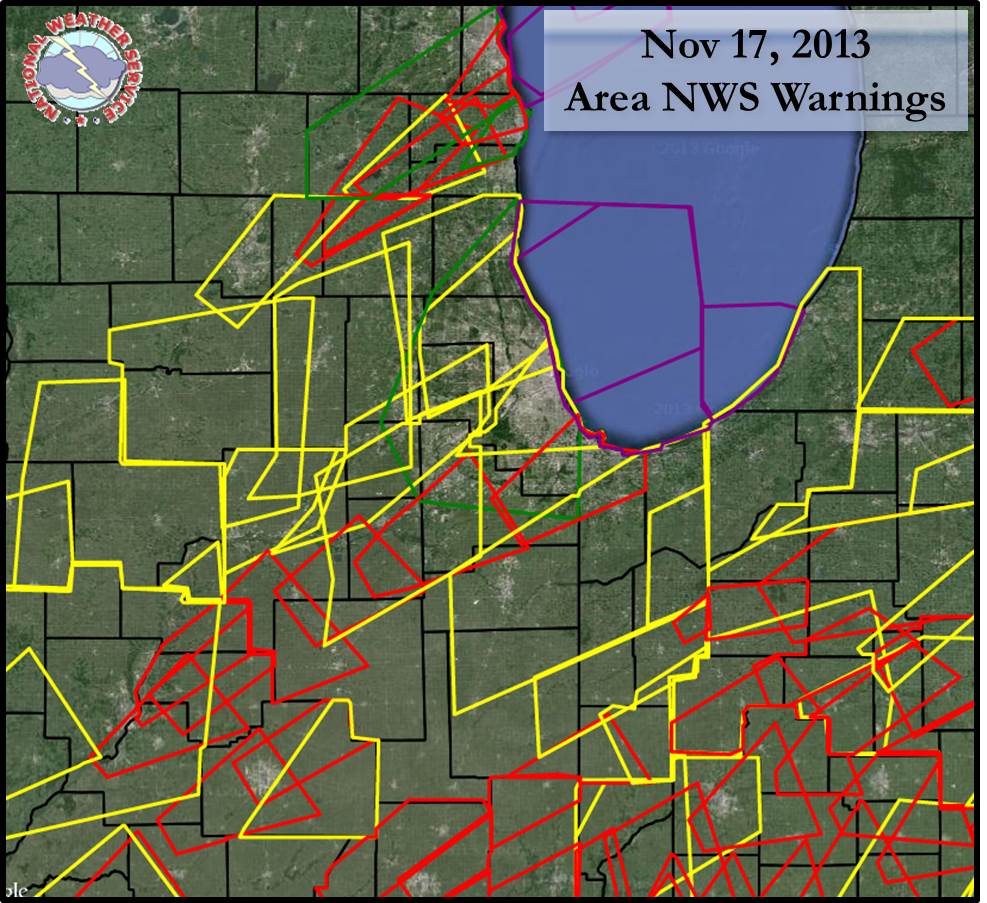 Image showing severe weather warnings issued November 17 2013 in northeast Illinois and northwest Indiana