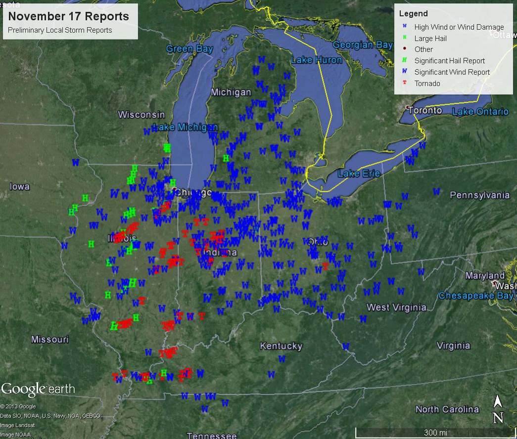 Map showing storm reports received by the National Weather Service on November 17 2013