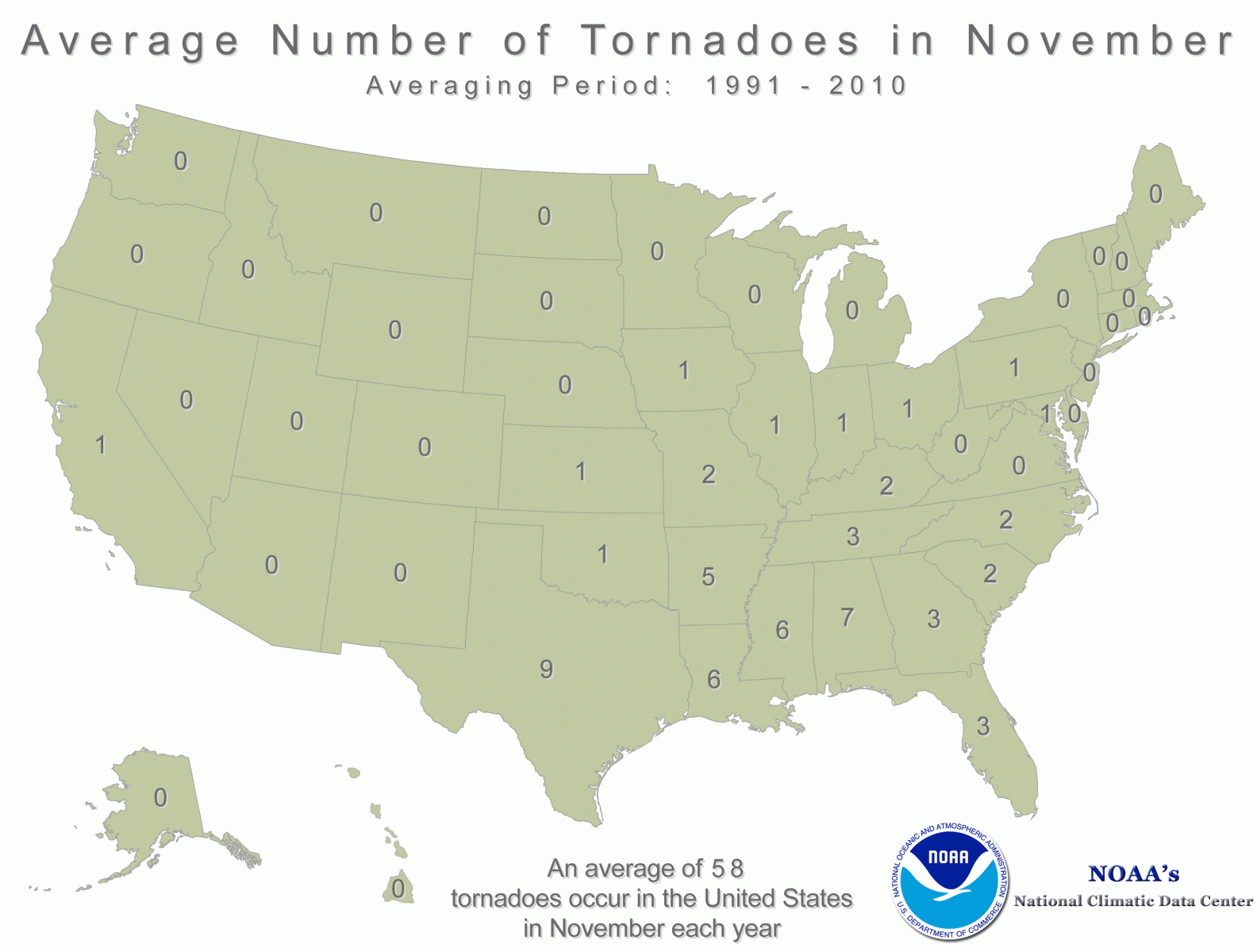 Image showing average number of tornadoes in November by state