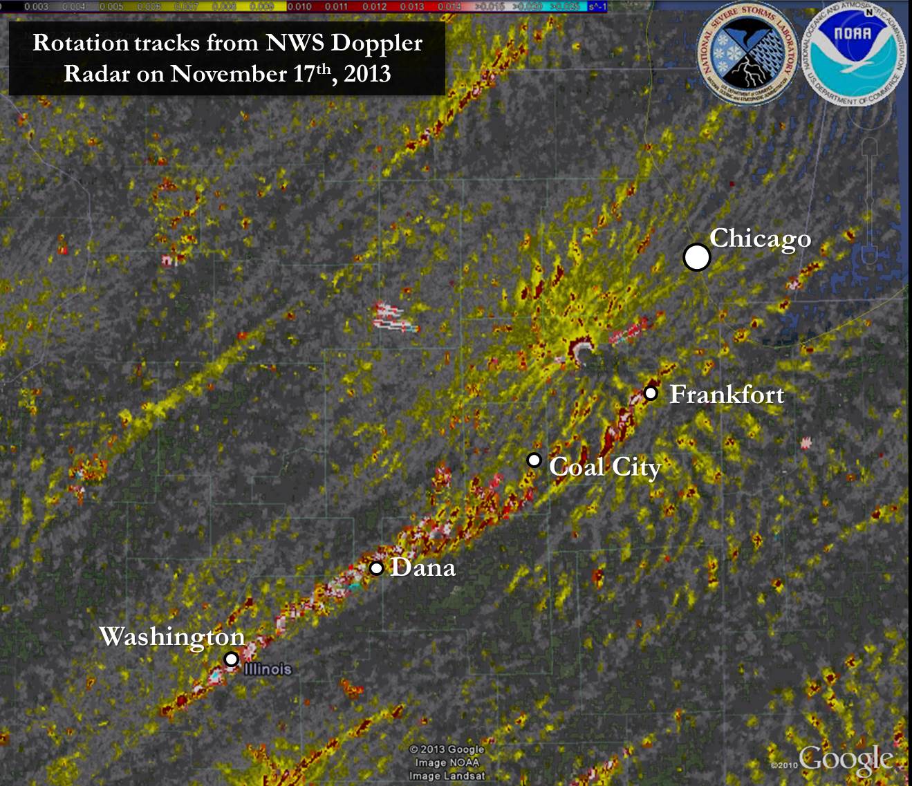 Image showing areas of radar-indicated rotation on November 17 2013 from near Peoria to near Chicago.