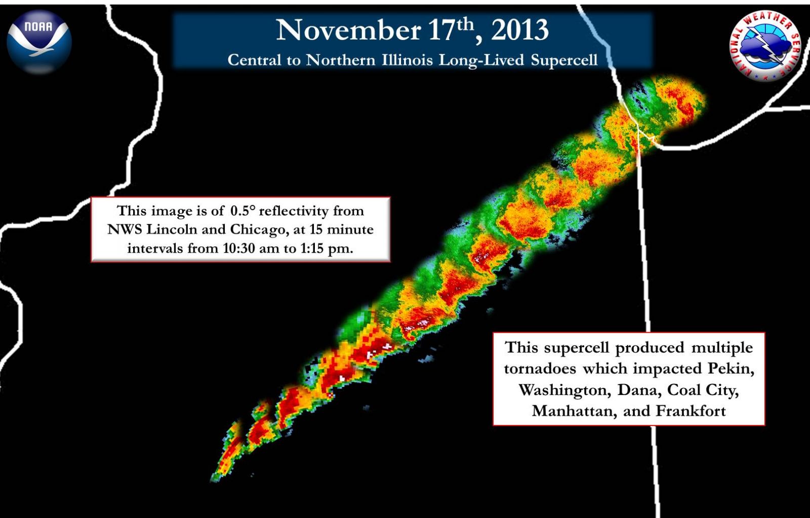 Image showing a composite of multiple radar images spaced 15 minutes apart showing track of a tornado-producing supercell across central and northeast illinois