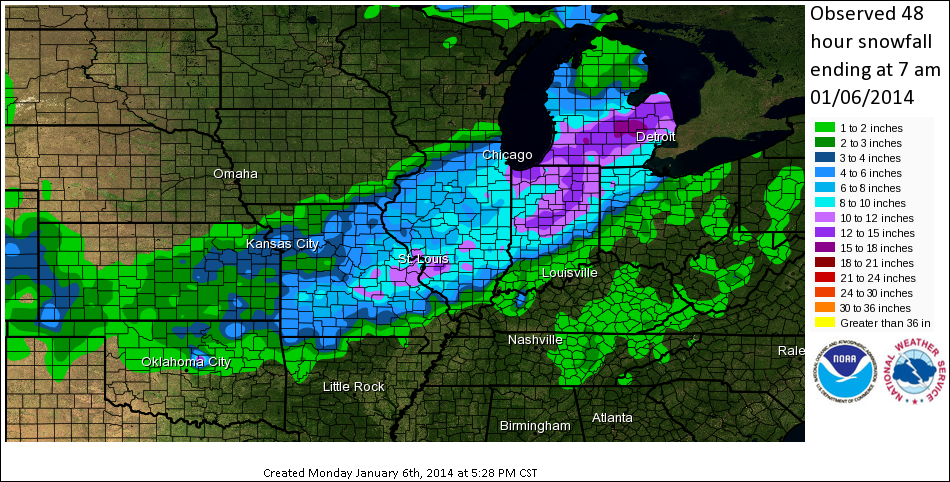 Regional 48 Hour Snowfall Map January 4-5 2014