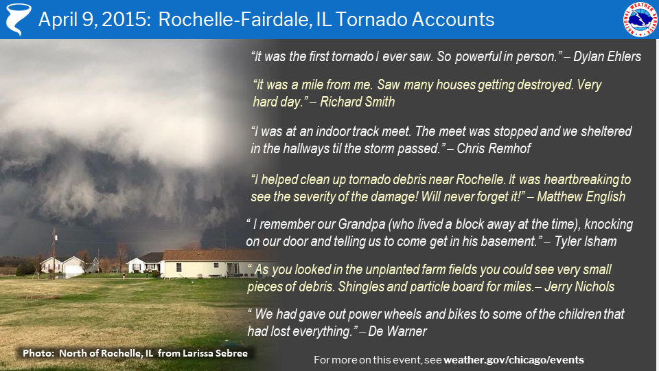 Image listing quotes from various accounts of the Rochelle-Fairdale tornado