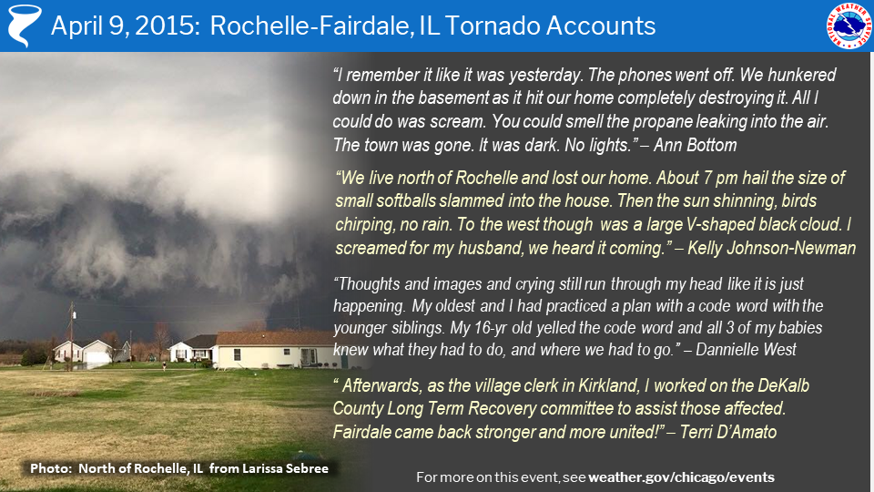 Image listing quotes from various accounts of the Rochelle-Fairdale tornado