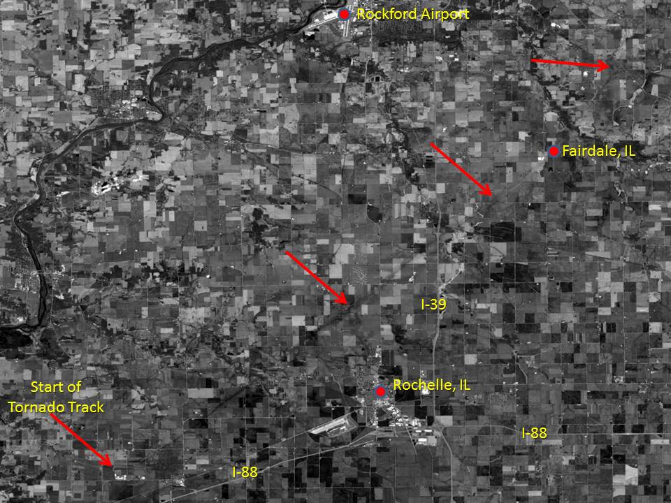 Photo showing aerial imagery of Rochelle-Fairdale tornado track
