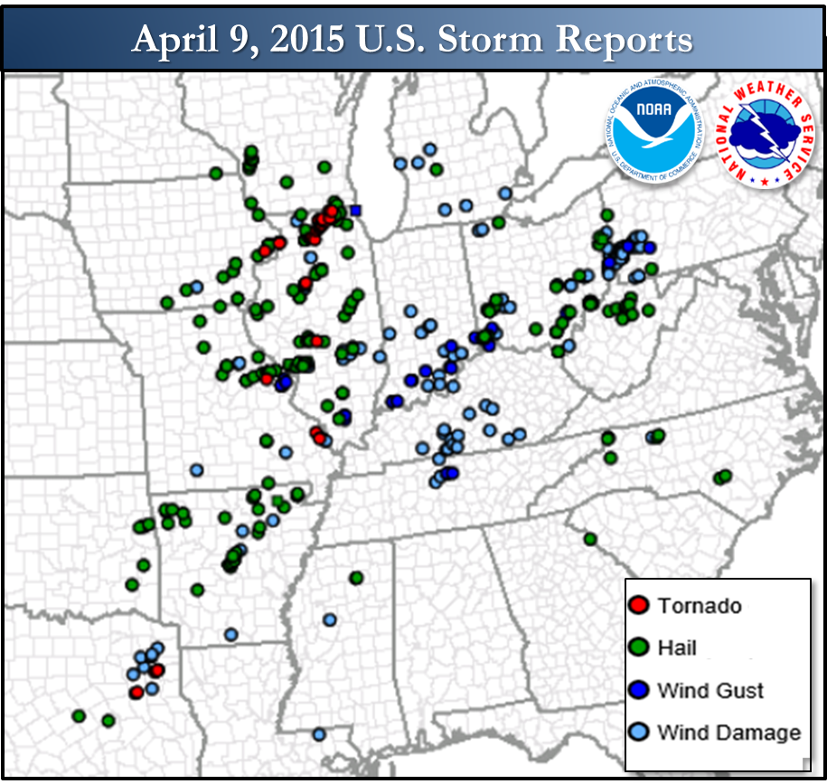Map showing severe weather reports in the eastern United States