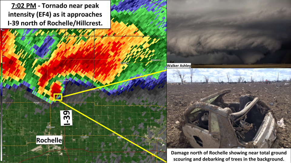 Image showing radar reflectivity at 7:02 PM, a photo of the tornado at approximately that time, and damage from the same area