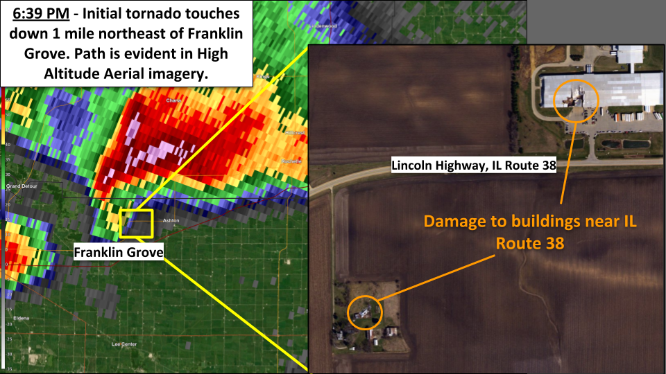 Image showing radar reflectivity at 6:39 PM and aerial imagery for the location of first damage from the Rochelle-Fairdale tornado