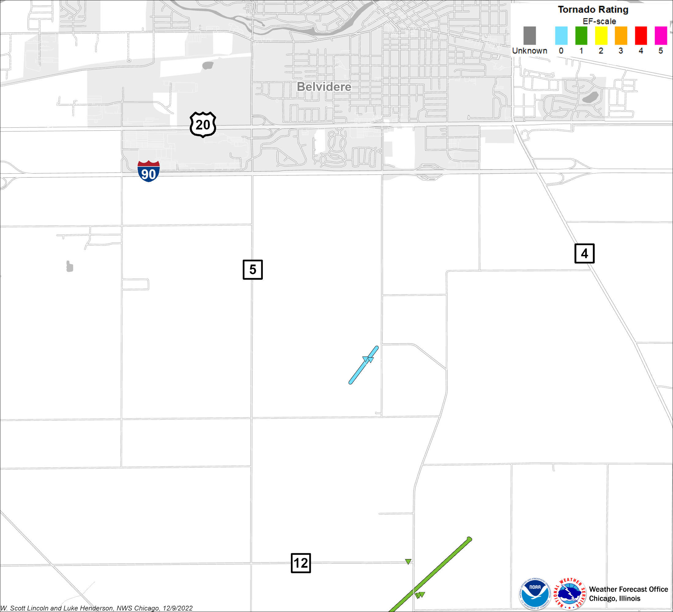 Map showing the Belvidere tornado track