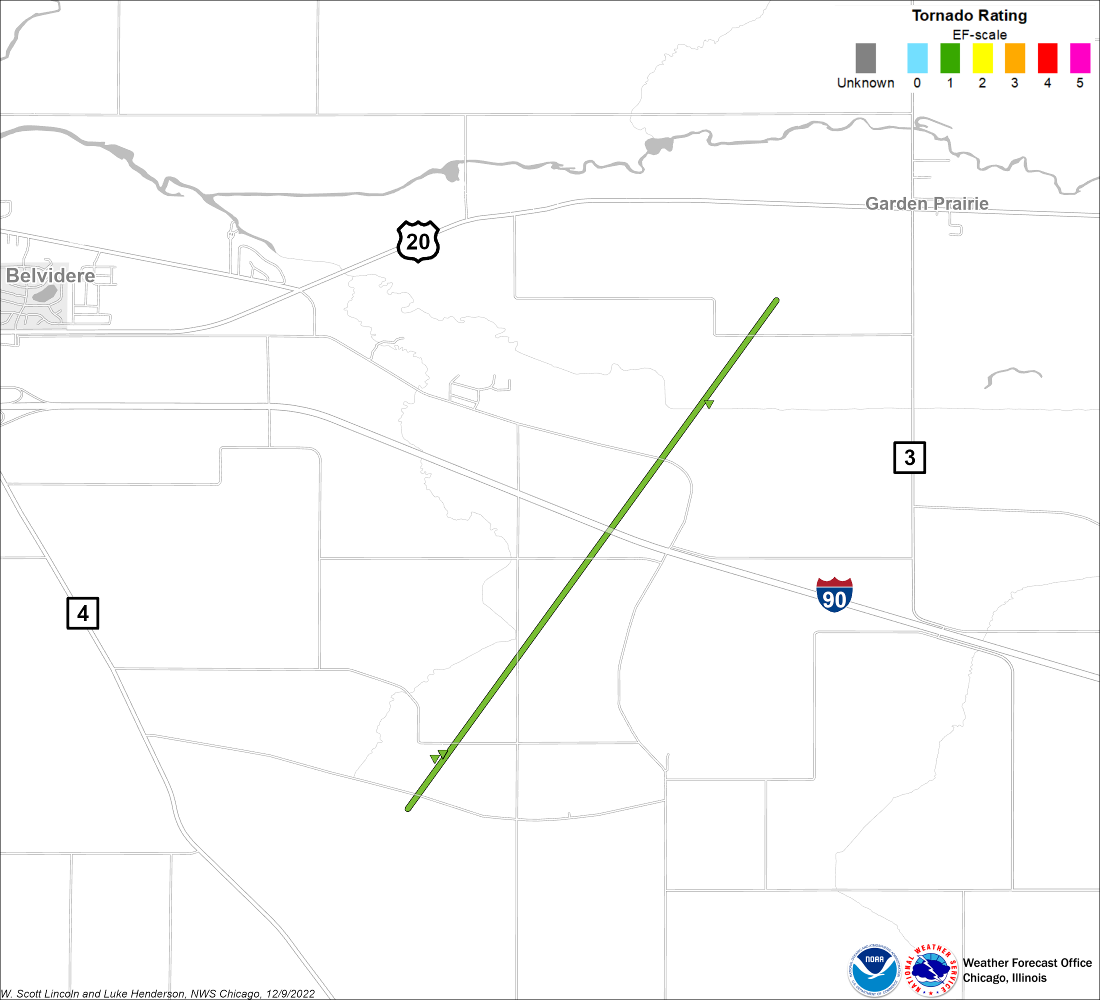Map showing the Garden Prairie tornado track